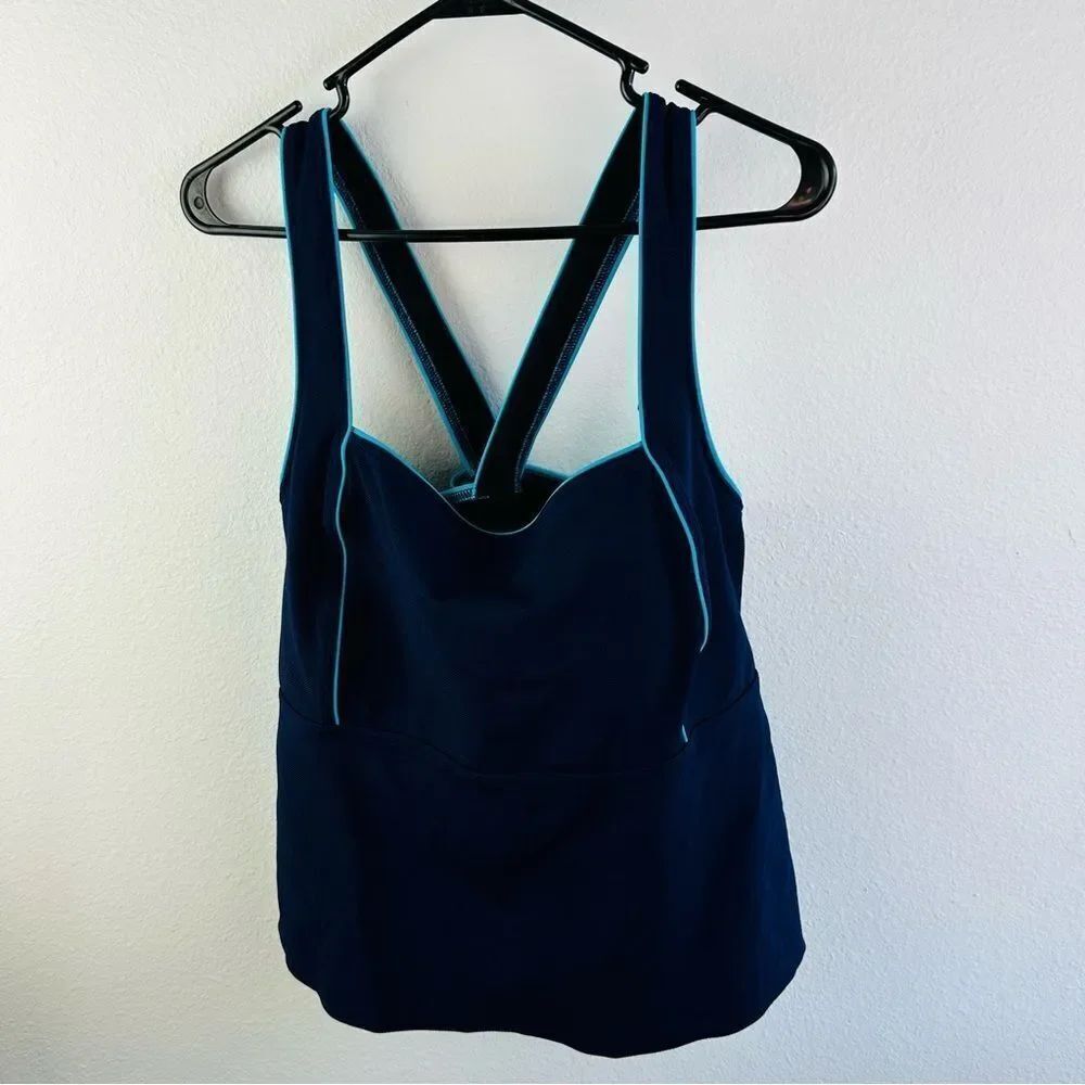 Lands End Navy Turquoise‎ Cross Back Swim Suit Top Size 20